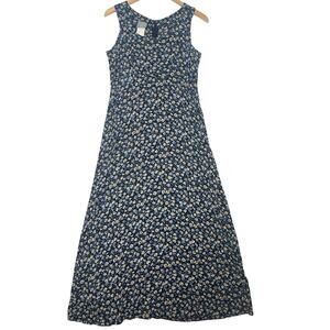 VTG Rabbit Designs 90s Blue Floral Midi Tie Back Dress Prairie sz 4P Cottage